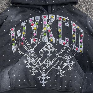 Sweat à capuche surdimensionné en molleton de coton lourd 450 g/m² avec logo imprimé en strass DTG, style vintage délavé à l'acide, streetwear pour homme, directement de l'usine - Product Image 5