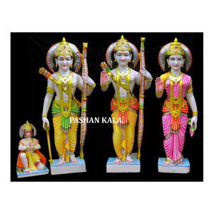 Hermosa estatua colorida de Ram Parivar hecha a mano de mármol blanco con Hanuman con fabricación india pulida suave y al por mayor - Product Image 1