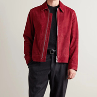 Jaket Kulit Suede Merah Burgundy Pria Custom Grosir dengan Dua Resleting dan Saku Samping, Mantel Streetwear