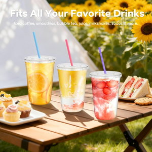 16oz PET/PLA Leak-Proof Biodegradable Disposable Cold <b>Cups</b> Flat Lids <b>Straws</b> for Iced Coffee <b>Smoothies</b> Parties Weddings Camping - Product Image 5