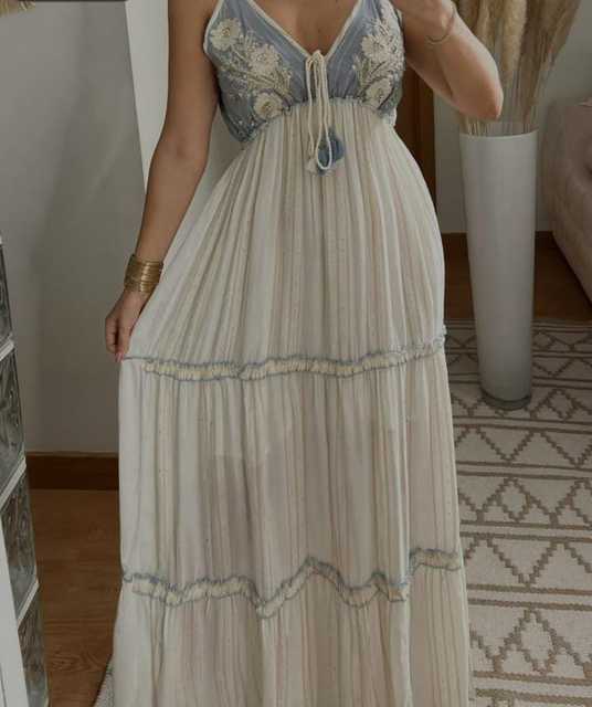 Women's Eco-Friendly 100% Cotton Lurex Embellished Gown Dress Summer Maxi Tiered Sleeveless Long Tassel Casual Natural Washable
