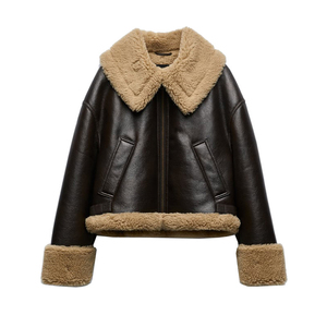 Outwear de manga larga 2025 chaqueta de cuero de otoño motocicleta bicicleta mujer cremallera solapa abrigo suelto cinturón corto chaqueta de cuero - Product Image 1