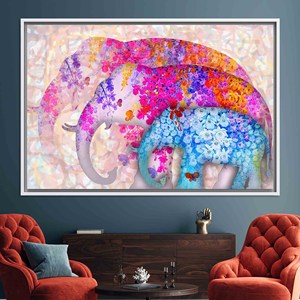Impression sur toile personnalisée avec éléphant floral : élégante décoration murale pour la famille, toile encadrée blanche - Product Image 1