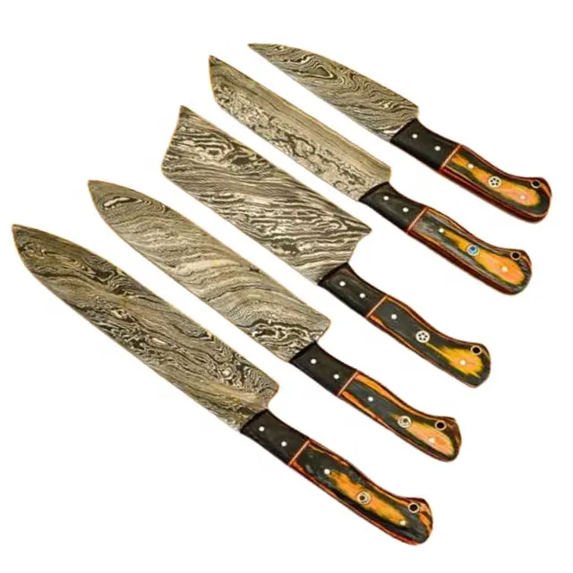 Professional Custom Handmade Damascus Steel Chef Knife Set Vegetable Cutting Knife With Leather Roll Beg