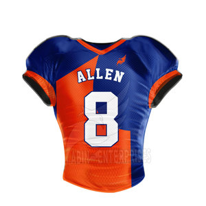 เสื้อฟุตบอลอเมริกัน Allen 8 สีน้ำเงินส้ม ลายพิมพ์แบบ Sublimated คอวี แขนสั้น ทรงเข้ารูป เสื้อผ้าผู้ชาย MOQ ต่ำ - Product Image 1