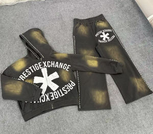 Conjunto de Sudadera con Capucha y Pantalones de Algodón 100% Personalizados con Logotipo Bordado Desgastado Estilo Urbano Vintage con Pedrería para Hombre - Product Image 1