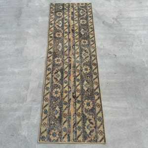 Turkish Small Rug, 1.6x4.9 ft Vintage Rug, <b>Brown</b> Check <b>Wool</b> Rug - Product Image 1