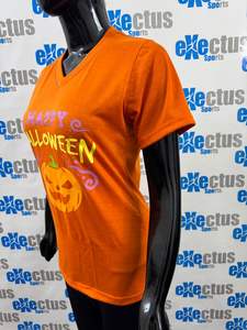 Wholesale Custom Halloween T-Shirts Orange V Neck Custom Logo <b>Print</b> Tee Shirts Cotton Polyester Woman's T-shirts - Product Image 2