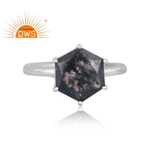 Plata de ley oxidada Natural verde musgo ágata piedra preciosa diseño Hexagonal anillo apilable fabricante de joyas - Product Image 2