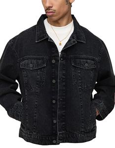 Chaqueta vaquera personalizada 100% algodón, estilo vintage, color negro lavado, para hombre, de corte holgado con hombros caídos, estampado personalizado, estilo hip hop, corte cuadrado. - Product Image 1