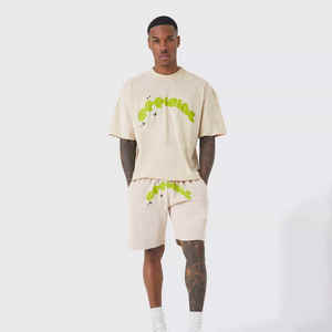 Wholesale Men's 100% Cotton Acid Wash Oversized T-Shirt and Shorts <b>Twin</b> Set Tracksuit with Puff Printing Logo Acid Wash Design - Product Image 1