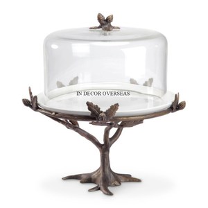 High Demanding Brass Antique Finished Top Quality Metal Antique Fancy Designer <b>Cake</b> Stand With Clear Glass Top <b>Cover</b> From India - Product Image 1