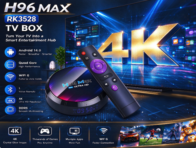 H96Max Smart TV Box RK3528 Quad Core Android 13.0 4K Resolution WiFi 2.4G/5GHz BT5.0