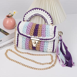 <b>Crochet</b> Celebrity Cross-border Hot Selling Handmade Women's Striped Contrast Cloth Woven Chain Strap Soft Crossbody Cover Tassel - Product Image 2
