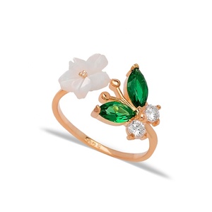 Anillo de mujer de tendencia fresca, diseño de flor de mariposa, anillo ajustable de Esmeralda, joyería de plata turca, joyería fina - Product Image 5