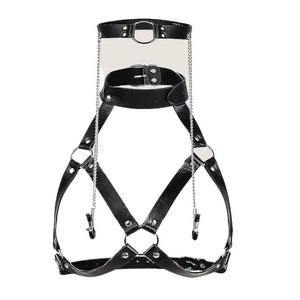 Ensemble de jeu de rôle sensuel en cuir noir : collier de cou, pinces à tétons, corset et bustier - Product Image 2
