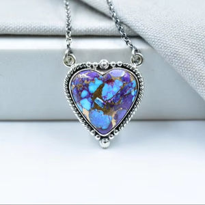 Handmade Purple Blue Turquoise Sterling Silver <b>Necklace</b> 18 Inch Adjustable Chain <b>Boho</b> Statement Jewelry - Product Image 1