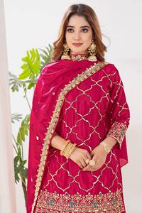 Nuevo Diseño Moderno de Salwar Kameez de Seda Chinon con Relieve, Top Sharara Plazzo Dupatta de Secado Rápido para Todas las Temporadas, Ideal para Fiestas y Bodas - Product Image 3