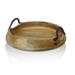 Plateau de service rond en bois avec poignée en métal noir pour salle à manger et fête d'hôtel - Product Image 2