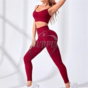 Vêtements de sport en gros, ensemble de yoga 2 pièces pour femmes, couture, taille haute, legging froncé, cordon de serrage, léger, réversible, dentelle - Product Image 3