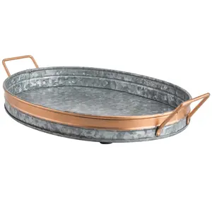 Housewarming Ronde Vormige Gegalvaniseerd Dienblad Ontwerp Met Kleur Band Tafelblad Decor Server Met Metalen Handvat