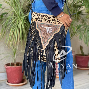 Nuevo superventas cuero mecanizado a mano mujeres occidentales bandolera monedero pelo en piel de vaca flecos ocultar llevar bolso Buck Stitch monedero - Product Image 1