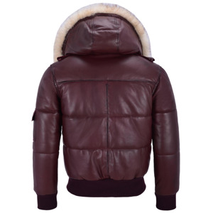 <b>Men's</b> Maroon Leather Flight <b>Jacket</b> Faux Fur Hood <b>Warm</b> Padded Winter Bomber Coat Ribbed Hem Custom Factory Wholesale - Product Image 2