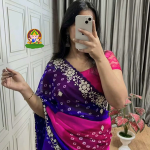 Sari en Georgette de Qualité Supérieure, Dernier Design, Broderie Fantaisie, Travail de Pitha et Impression Bandhej sur Toute la Surface - Product Image 1