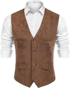 <b>Men's</b> <b>Suede</b> Leather <b>Vest</b> Vintage Cowboy Style Suit <b>Vest</b> Waistcoat With Chest Pockets - Product Image 5