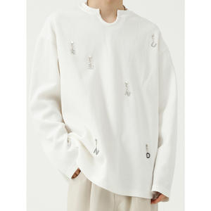 Usine personnalisé hommes gaufré à manches longues T-Shirt aiguille goutte déchiré côtes ras du cou sweat coton hommes High Street Hoodies - Product Image 6