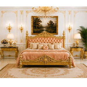 Ensemble de lit en bois sculpté à la main sur le thème turc avec tables de chevet, ensemble de lit king size de luxe, meubles de chambre à coucher exclusifs sculptés en feuille d'or - Product Image 1