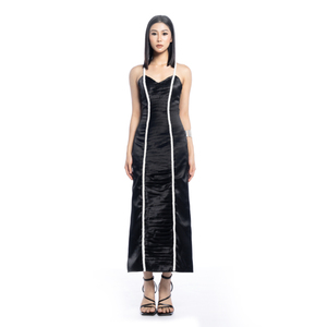 Vietnam froncé Satin avec chérie Satin moulante tressé bretelles robe ODM élégant Sexy robe noire thé-longueur - Product Image 1
