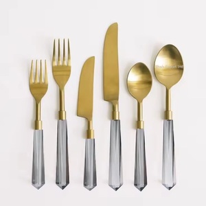Latest Decorative Metal Cutlery Set with Grey <b>Acrylic</b> Handle Gold Finished for Home & Hotels Dinnerware Flatware Sets - Product Image 1
