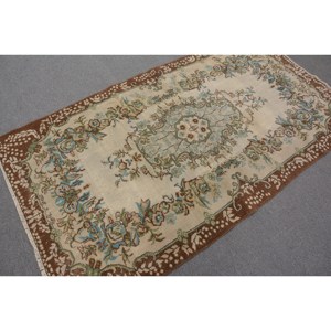 Handmade Traditional Brown Beige Wool <b>Rug</b> 3.9 X 6.9 ft Vintage Turkish Patchwork Rectangle Design Latex Teen <b>Bedside</b> Hallway - Product Image 2