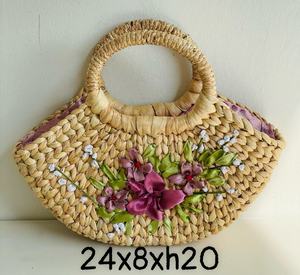 Cesta de jacinto de agua tejida a mano elegante Unisex, cierre abierto con dos asas, forro de algodón elegante adornado con flores - Product Image 4