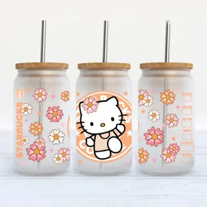 Custom UV DTF frio 3D Libbey Glass Cup Wrap Transferências Logotipo Adesivos com UV Transferências decalques Envolve Etiquetas para Hello Kitty