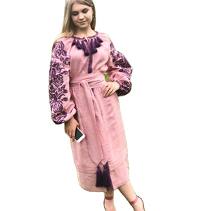 Vestido Midi Vintage Sexy de Alta Calidad para Mujer, Lavable, con Bordado Floral, Logotipo Personalizado, Tejido Tejido, Manga Larga, Cintura Natural - Product Image 1