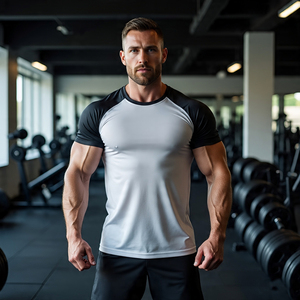 เสื้อยืดแขนสั้นสำหรับออกกำลังกายเพาะกายเสื้อยืดฟิตเนสคอกลมของผู้ชายเสื้อออกกำลังกายกล้ามเนื้อโพลีเอสเตอร์100% สำหรับผู้ชาย - Product Image 4