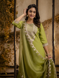 Elegant Indian Ethnic Wear Straight Kurti Pant Set with Embroidery and <b>Organza</b> Dupatta - Product Image 4