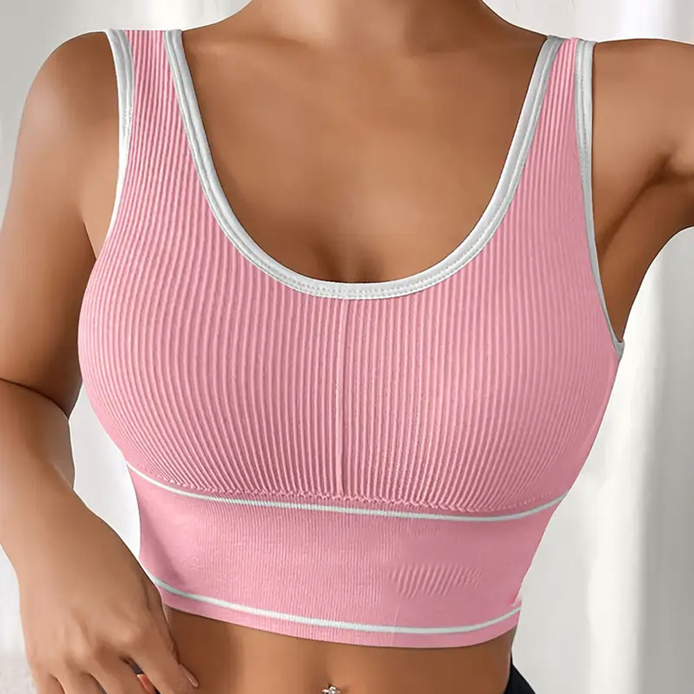 Women's Pink Ribbed Sports Bra Scoop Neck Spaghetti Strap Breathable Medium Support Yoga Fitness Seamless Solid Style