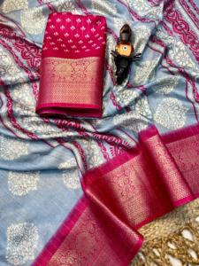 Saris en soie avec motif floral partout avec bordure de tissage contrastée - Product Image 6