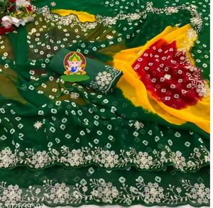 Sari en Georgette de Qualité Supérieure, Dernier Design, Broderie Fantaisie, Travail de Pitha et Impression Bandhej sur Toute la Surface - Product Image 3