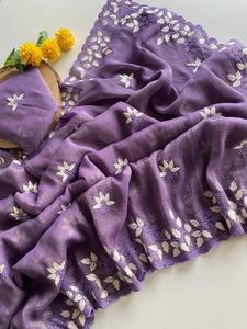 NOUVEAU Saree en georgette scintillante avec un beau design de feuille de fil blanc - Product Image 2