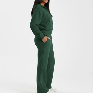 High Quality Winter Embroidered Half Zip Crop Top <b>Hoodie</b> Baggy Trousers 100% Cotton Women's Tracksuit Solid Color Breathable - Product Image 6