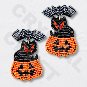 Vintage Black Cat Beaded <b>Earrings</b> for Women <b>Halloween</b> Patriotic Memorial Day Accessory Orange White Blue Colour Fabric Weddings - Product Image 3