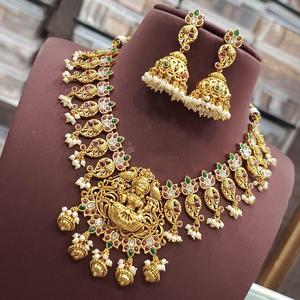 Conjunto de collar con aspecto de piedra de calidad superior pulido antiguo tradicional, pendientes para mujer, joyería chapada en oro para ropa de boda - Product Image 1