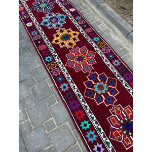 Vintage Turkish Rug, 2.8x10.9 ft <b>Runner</b> Rug, <b>Red</b> Blue Floral Wool Rug - Product Image 1