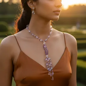 Collier long lariat pour femme, améthyste et cristal, perles, élégant, pièce de déclaration - Product Image 1