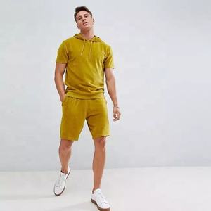 Wholesale Custom Plain Men Tracksuit Short Set Fashion Short Sleeve <b>Hoodie</b> <b>Velour</b> Tracksuit - Product Image 6