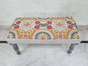 Handcrafted Indian Style Embroidered Upholstered <b>Bench</b> for Boho Living Room Wooden Furniture for Hotel Decor - Product Image 4